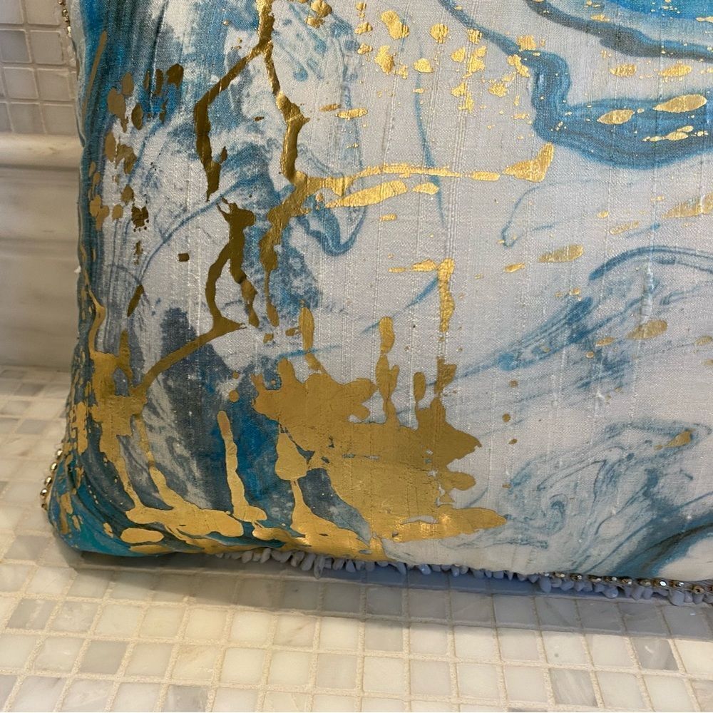 Anthropologie Silk Blue and Gold Lumbar with Stone Trim - Picture 3 of 13